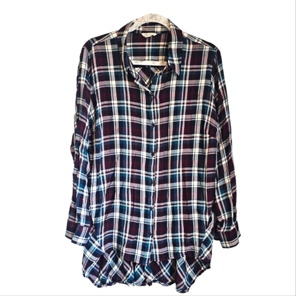 Cato Plaid button down long sleeve teal purple white womens plus size 18/20W